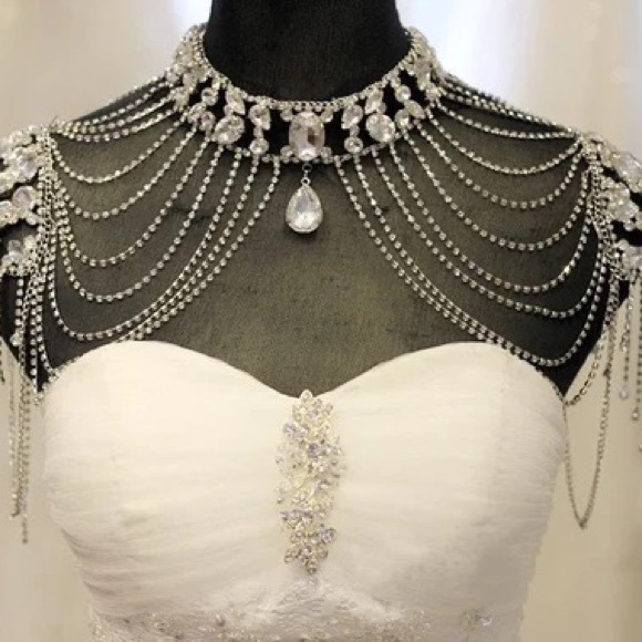 Rhinestone/Tulle Frills Bridal Shoulder Tassel, Glam Coverup for Strapless Dress - Picture 8 of 10